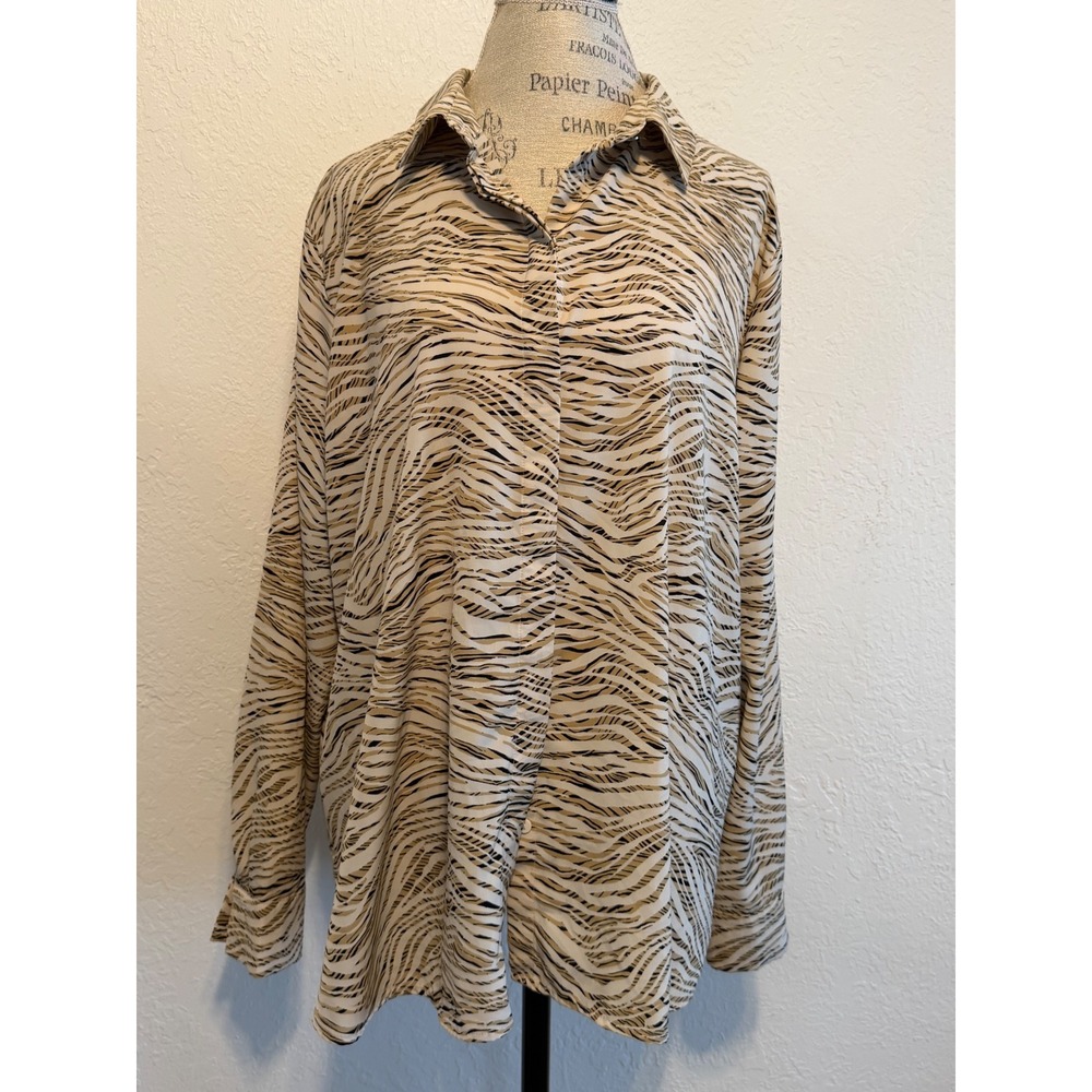 HM Zebra Print Button Up Blouse Tan Black Long Sleeve XL P/N 0695632 1